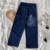 Jeans pour femmes américain rétro rue lâche brodé jeans droites femmes casual allmatch highwaist vadrouille pantalon large 230614
