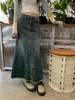 Kjolar 90-talets maxi denim kjol kvinnors vintage y2k a-line tassel jean med rygg slits fray hem grunge acubi estetic