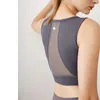 LL Naakt Mesh Gesplitst Crop Top met Ronde Hals Zomer Ademend Korte Fitness Tanktop met Borstkussen Mouwloos Sporttop Huidverzorging Yogapak