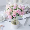 Flores decorativas branco artificial seda rosa chá rosa botões vaso para casa sala de estar natal festa el decoração de casamento plantas falsas