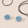 Choker 레이스 업 로프 체인 목걸이 파란색 직물 꽃 귀걸이 여성 패션 보석 선물 세트