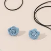 Halsband, Schnür-Seil-Kette, Halskette, blauer Stoff, Blumen-Ohrringe, Set für Damen, Modeschmuck, Geschenk