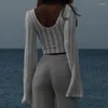 Kvinnors T-skjortor Beach Holiday Bikini Cover-ups Tees Sticked Long Sleeve Crop Top Women Low Cut Slim Fit T-shirt Vintage Streetwear