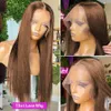 Pelucas de cabello humano con frente de encaje de color marrón liso Pelucas brasileñas Pelucas con frente de encaje 180% para mujeres negras Cabello humano prearrancado
