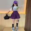 衣料品セットサマーガールズ2 PCSセットベイビーTシャツプリーツスカートキッズスーツ子供用服の服を着たカジュアルレタープリントパープル5-14Y 230613