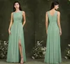 Sage A Line Chiffon Bridesmaid Dresses For Wedding Long Floor Length Pleated Girl Formal Party Prom Gowns Sexy Side Split Plus Size Maid Of Honor Robe de Soiree CL2445