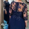 Navy-Blue Mother Of The Bride Dresses 2023 A-line 3/4 Sleeves Chiffon Lace Appliques Beaded Groom Evening Party Gown For Wedding Plus Size