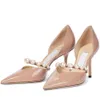 Women Elegant Bridal Wedding Dress Shoes Aurelie Pumps Lady High Heels Sandals Pearls Strap Luxury Brands Pointed Toe Walking Heel pink shoe With Box