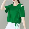 Dames Blouses Fashion Hollow Out Button Shirring Bow Off Shoulder Blouse Dameskleding 2023 Zomer Oversized Casual Tops Sweet