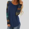 T-shirt da donna Camicetta da donna 2023 Patchwork allentato T-shirt casual da donna a maniche lunghe Sottile O Collo Orlo ad arco Tunica Pullover Top Lady