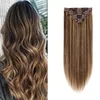 Klipp i hårförlängningar Remy Human Hair Highlights Color P4/27 Dubbel inslag Clip Ins -förlängning 120G