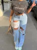 Femmes Jeans Vintage Baggy Déchiré Femmes Mode Années 90 Lâche Jambe Large Taille Haute Pantalon Droit Y2k Lavé Bleu Denim Pantalon Streetwear 230614