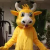 Fantasia de mascote de vaca amarela adorável de alta qualidade, personagem de tema de anime de desenho animado, unissex, tamanho adulto, festa de aniversário de natal, roupa ao ar livre, terno