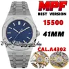 MPF MP15500 MENS WATCH CAL.4302 A4302 Miyota 9015 Zmodyfikowane 4302 Automatyczne obudowa ze stali nierdzewnej Niebieska Tekstura 316L Bransoletka ze stali nierdzewnej Sport Eternity Watches
