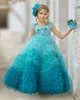 Ombre Blue Ruffle Flower Girls Sukienki Aplikacje Bez rękawów Kwiatowy Linia Flower Girl Host Sukienka urodzinowa