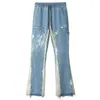 Calças masculinas Jeans largos Masculino Color Block Painted Streetwear Lado desfiado Calças retas patchwork de rua principal Jeans vintage azul