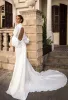 Elihav Sasson Satin Wedding Dresses Deep V Neck Long Sleeve Garden Sweep Train Plus Size Wedding Dress Bridal Gowns