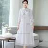 민족 의류 2023 전통 중국 드레스 청남 여성 빈티지 Qipao National Flower Emploidery Chiffon Oriental Retro Party