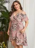 Plus size Dresses YOINS 2023 Women Summer Dress Size Short Sleeve Floral Print Spaghetti Strap Off Shlouder Vestidos Casual Sundress L5XL 230613