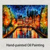 Contemporary Abstract Canvas Art Amsterdam Canal Cityscape Oil Painting Handmade Modern Pub Bar Decor