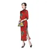 Etnische Kleding Chinese Stijl Vrouwen Vintage Rode Bloemenprint Cheongsam Verbeterde Retro Elegante Slanke Lange Hoge Split Qipao Traditionele