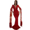 Eleganckie arabskie pióra koronkowe sukienki z balusami na studniowe rękawy Deep V-dół Seksowne formalne suknie wieczorowe dla kobiet 2023 Red Long Celebrity Party Sukienka
