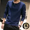 Camisas casuais masculinas tradicionais manga longa primavera cor pura gola mandarim tops masculinos finos de linho de algodão fino ajuste masculino