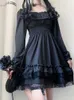 Temel gündelik elbiseler insdoit lolita gotik siyah korse elbise kadınlar vintage dantel patchwork dantelli estetik yüksek bel elbise punk parti A-line elbise 230614