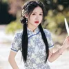 Etnische Kleding Traditionele Korte Mouw Chiffon Cheongsam Jonge Meisjes Chinese Mandarijn Kraag Kant Qipao Avond Feestjurk Voor Vrouwen