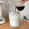 Tumblers 450 ml Eenvoudige Streep Koffie Glazen Beker Met Deksel en Stro Transparante Bubble Thee Cup Sap Glas Melk Mokka Kopjes Ontbijt Mok 230614