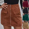 Skirts Women Fashion O-Ring Zipper Decorative Pocket Front Corduroy Winter Mini Skirt High Waist Solid Elegant Slim Bodycon