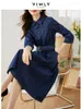 Casual Kleider Vimly Chinesischen Stil Denim Kleid für Frauen 2023 Frühling Mode Eine Linie Schlanke Gürtel Taille Große Schaukel Midi weibliche Vestidos