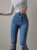 Women's Jeans WOMENGAGA High Waist Skinny Slim Leg Show Long Girl Floor Pulling Pants Hole Flare Trousers Fashion Women Blue LQ8B