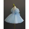 Sukienki dla dziewczynek 2-10Y Kids Prosta sukienka kwiatowa niebieska łuk tiul puff rękaw