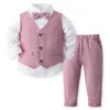 Set di abbigliamento Neonati maschi 3 pezzi Abito da uomo Gilet finto per bambini Completi formali Set Camicia a maniche lunghe con papillon Gilet da smoking Pantaloni 230613