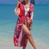 Women's Swimwear Boho Printed Kimono Cardigan Cover Up Women Summer Clothes Plus Size Long Sleeve Bikini Wrap Beach Wear Swim Suit