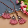 Necklace Earrings Set Boho Hollow Flower Yellow Tassel Earring For Women Vintage Handmade Long Leather Rope Pendant Femme Party Bijoux