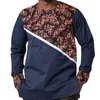 Roupas étnicas masculinas masculinas africanas, azul marinho, retalhos, estampa de cera, mangas compridas, roupas nigerianas masculinas