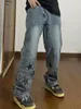 Мужские джинсы Blue Bleached Star Print Embroid High Street Men Loose Straight Vintage Streetwear Средняя джинсовая баки