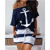 Women's Tracksuits Women Tracksuit Elegant Fashion Boat Anchor Print Off Shoulder Top Shirt & Striped Drawstring Shorts Two Piece Sets