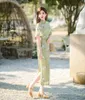 Vêtements ethniques chinois traditionnel classique vert imprimé fleuri Qipao femmes longue haute fendue Cheongsam robe de soirée