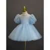Sukienki dla dziewczynek 2-10Y Kids Prosta sukienka kwiatowa niebieska łuk tiul puff rękaw