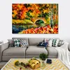 Lienzo contemporáneo, decoración para sala de estar, puente de otoño, pintura al óleo pintada a mano, paisaje vibrante