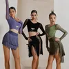 Vêtements de scène hauts de danse latine manches longues Sexy maille évider Costume femmes Cha Rumba pratique vert BL9525