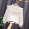Barnskjorta 3-12 år Spring Autumn Toddler Teen Girls Cotton Blus White Bow Lace Långärmad skjortor Kids Pullover Tops Barn Kläder 230613