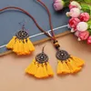 Necklace Earrings Set Boho Hollow Flower Yellow Tassel Earring For Women Vintage Handmade Long Leather Rope Pendant Femme Party Bijoux