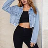 Women's Jackets Ripped Denim Jacket Short Coat Light Blue Vintage Washed Spliced Cow Women Lapel Single Breasted Hole Outwear Top