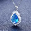 Pendentif Colliers Bijoux Fins De Luxe Goutte D'eau En Forme De Poire Flamme Collier Incrustation Zircon Cubique Bleu Accessoires De Fête De Mariage Pour Femmes