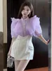 Women's Blouses Sweet Pink Ruffles Shirts Organza Puff Sleeve Blusas Mujer Diamond Shirt Tops 2023 Summer Clothes For Women