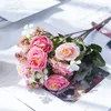 Dekorativa blommor Autumn Hybrid Artificial Tea Rose Bridal Bouquet For Home Wedding Festival Party Jul dekoration Silk Fake Plants